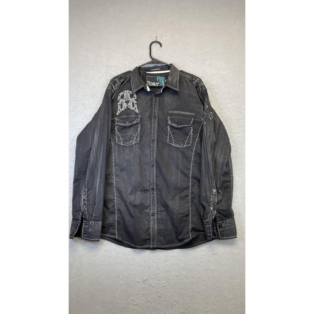 Roar Shirt Mens Large Black Signature Embroidered Western‎ Contrast Stitch Snap